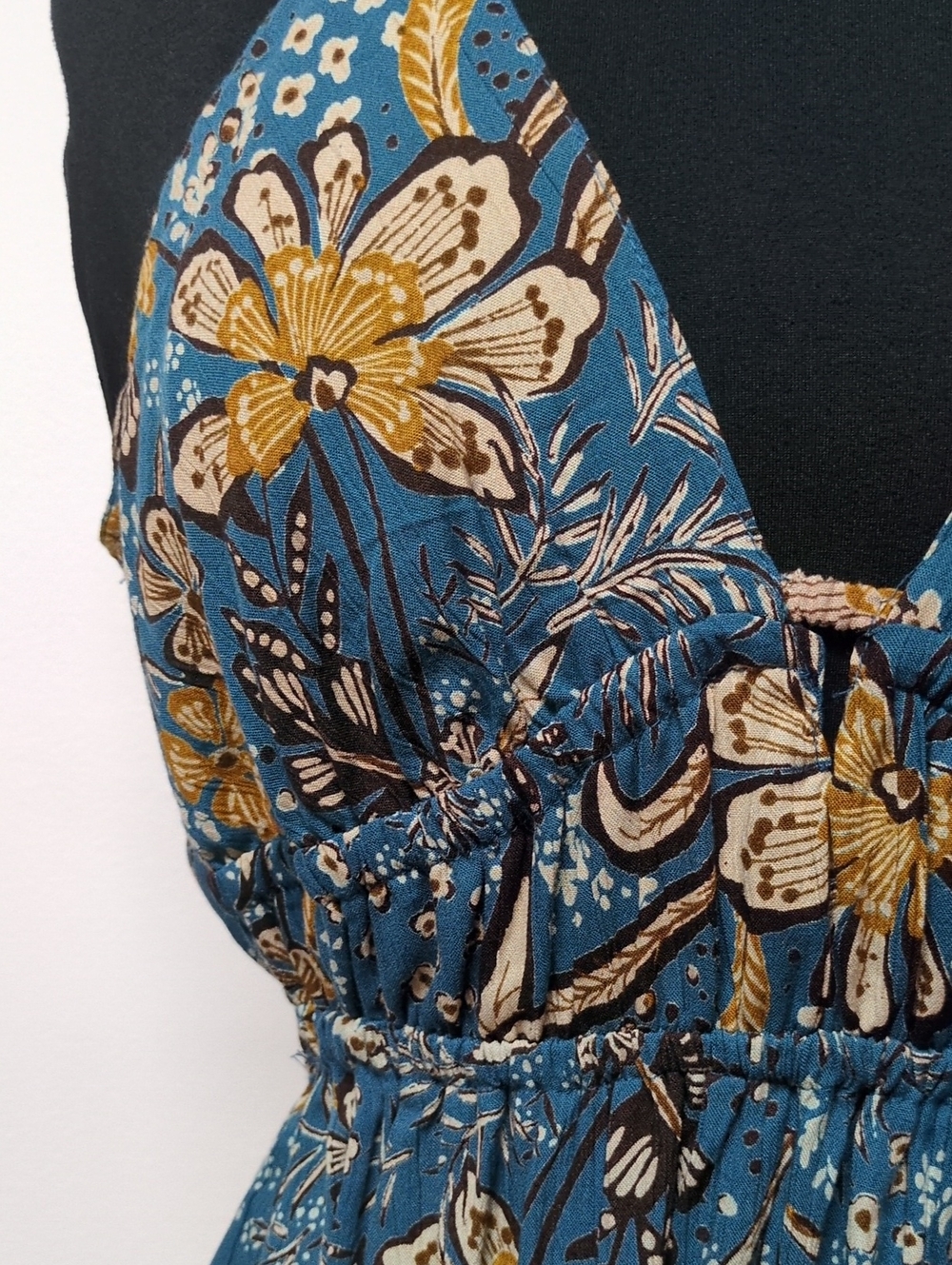 Angie Boho Floral Tie Back Cutout Tiered Mini Dress Teal Yellow, Size L - Picture 6 of 11